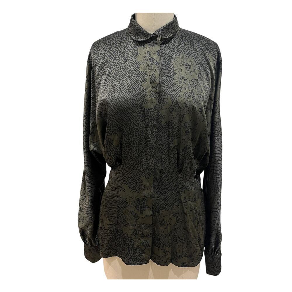 Vintage Escada By Margaretha Ley Shirt Womens 36 Green Silk Floral Animal 80's
